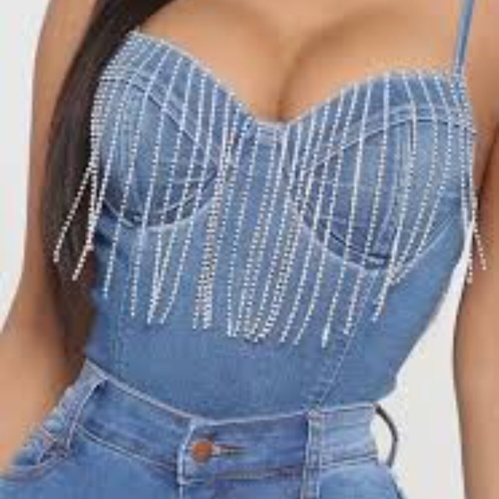 Denim Body Suit, Rhinestone detailing, built in support denim on denim